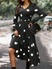 Kadın Uzun Kollu V Yakalı Beli Lastikli Puantiyeli Uzun Krep Elbise