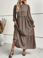 Kadın Uzun Kollu Hakim Yakalı Düğmeli Kemersiz Desenli Maxi Süprem Elbise