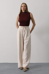 Pileli Bağcıklı Oversize Pantolon - Siyah