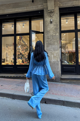 SATEN KRUVAZE BAĞLAMALI BLUZ- PANTOLON TAKIM - Mavi