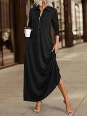 Kadın Uzun Kollu Yakalı önden Fermuarlı Uzun Viskon Iki Iplik Elbise