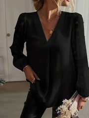 Kadın Uzun Kollu V Yakalı Kolları Popon Detaylı Sandy Bluz