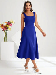 Kadın Askılı Kare Yakalı Midi Ithal Krep Elbise