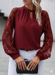 Kadın Uzun Dantel Kollu Yuvarlak Yakalı Sandy Bluz