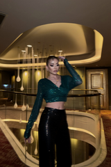 PULLU CROP KRUVAZE BLUZ - Siyah