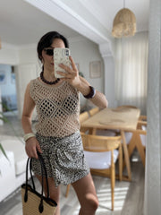 Kadın Askılı Yuvarlak Yaka Geometrik Desenli Triko Bluz