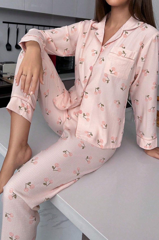 Toz Pembe Sonbahar Kirazları Soft Pijama Takımı 7039