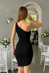 Kadın Dalgıç Krep Kumaş Tek Omuz Askılı Mini Boy Elbise