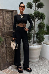Göğüs Bağcık Detaylı Ajurlu Bluz Pantolon Takım 10098