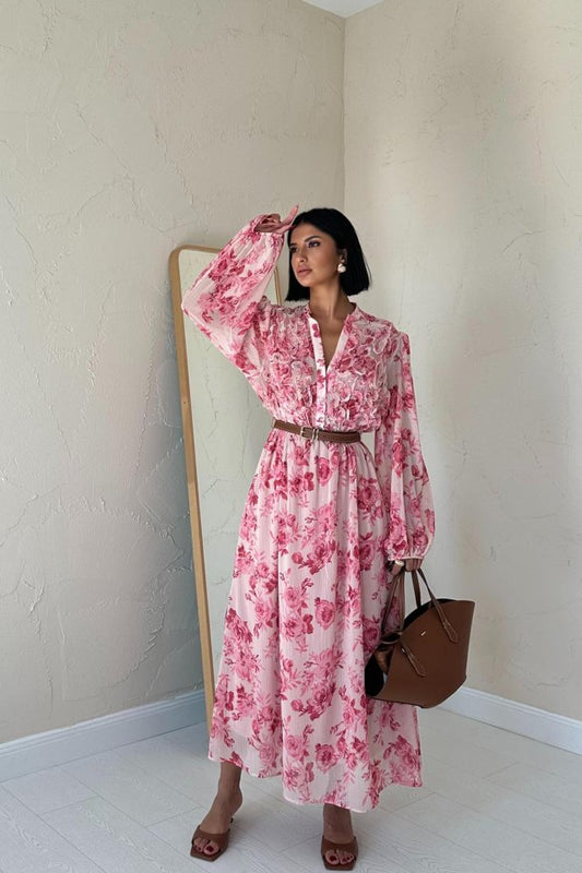 Pembe Biye Detaylı Elbise