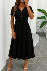 Kadın Kısa Kollu V Yakalı önden Düğmeli Yırtmaçlı Midi Viskon Elbise