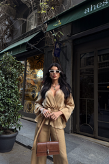 SATEN KRUVAZE BAĞLAMALI BLUZ- PANTOLON TAKIM - Mavi