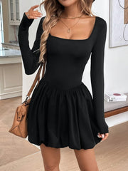 Kadın Uzun Kollu Kare Yaka Mini Balon Modal Elbise