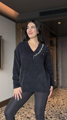 Kadın V Yaka Uzun Kollu Inci Detay Triko Bluz