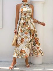Kadın Omuzlardan Açık Halter Yakalı Yırtmaçlı çiçek Desenli Süprem Elbise