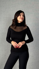 Kadın Uzun Kollu Balıkçı Yaka önü Tül Detay Kaşkorse Kumaş Bluz