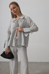 Çzgili Bağlamalı Pantolon Takım - Mavi