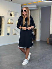 Kadın Uzun Kollu Kapüşon Ve Ribana Detay Diz üstü Elbise