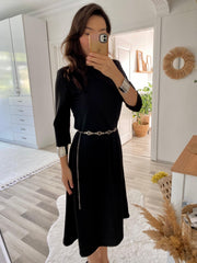 Kadın Uzun Truvakar Kol Bisiklet Yaka Midi Modal Elbise