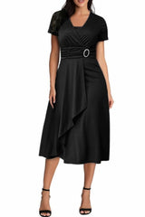 Kadın Kısa Kollu Kruvaze Yaka Kuşak Ve Toka Detay Krep Elbise