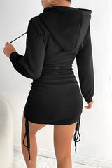 Kadın Uzun Kollu Kapüşon Ve Yandan Büzgü Detay Mini Elbise