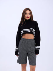 43241 TRİKO ÇİZGİLİ BALIKÇI CROP-SİYAH-EKRU