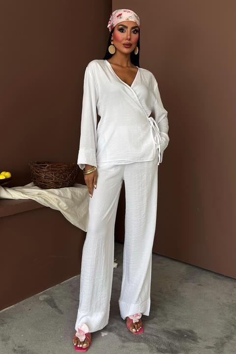 Kruvaze Model Klasik Pantolonlu Çupra Keten Takım 10191