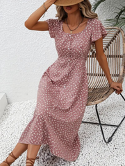 Kadın Düğme Detaylı çiçek Desen Midi Boy Süprem Kloş Elbise