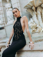 Kitap Okuyalım Mı Kitap Getir Kadın Halter Yaka Fantel Transparan Ve Sırt Dekoltesi Detay Maxi Boy Elbise