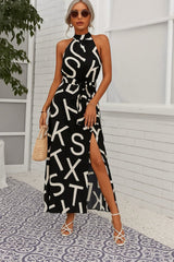 Kadın Omuzlardan Açık Halter Yakalı Yırtmaçlı çiçek Desenli Süprem Elbise