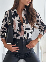 Kadın Uzun Kol Cep Detay Leopar Baskılı Mosskrep Kumaş Gömlek