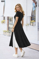 Kadın kısa kollu asimetrik yakalı düğme detaylı midi viskon elbise