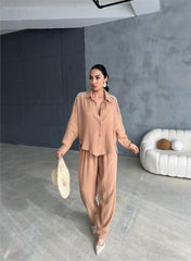 OMUZ SAÇAK DENİZ KABUĞU GÖMLEK - PANTOLON TAKIM - Bej