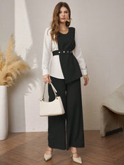 Kadın Uzun Kollu Açık Yakalı çift Renkli Kemerli Ithal Krep Ikili Takım