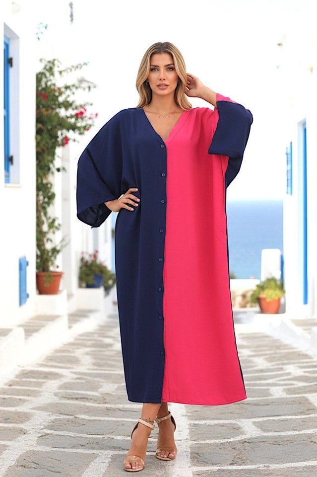 Kadın Fakir Kol Arkası Etnik Desen Baskılı önü Full Düğme Detay çok Renkli Elbise