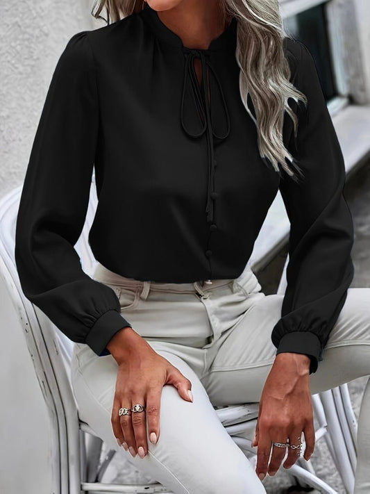 Kadın Uzun Kollu Yakalı Yakadan Bağcıklı Düğmeli Sandy Bluz