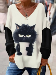 Kadın Uzun Kollu V Yakalı Kedi Baskılı şardonlu Dalgıç Bluz