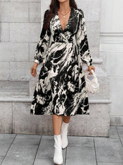 Kadın Uzun Kollu Kruvaze Yakalı Yandan Bağlamalı Desenli Mini Modal Elbise