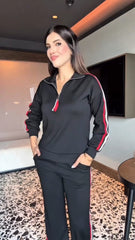 Kadın Uzun Kollu Fermuarlı Viskon Iki Iplik Bluz Ve Pantolon Ikili Takım