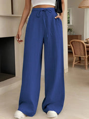 Kadın Yüksek Bel Bağcıklı Geniş Paçalı Uzun Bürümcük Pantolon