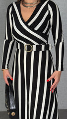 Kadın Uzun Kollu Kruvaze Yaka Kemer Dahil çizgili Triko Elbise