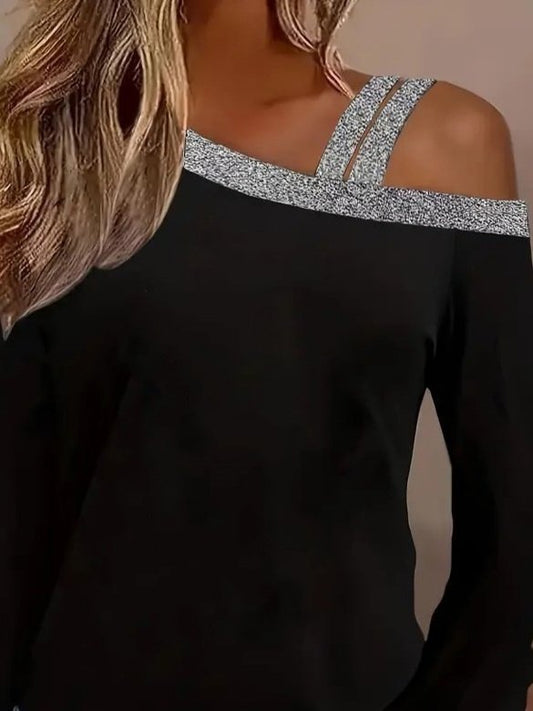 Kadın Uzun Kollu Omuzdan Askılı Sim Detaylı Viskon Iki Iplik Bluz