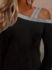 Kadın Uzun Kollu Omuzdan Askılı Sim Detaylı Viskon Iki Iplik Bluz