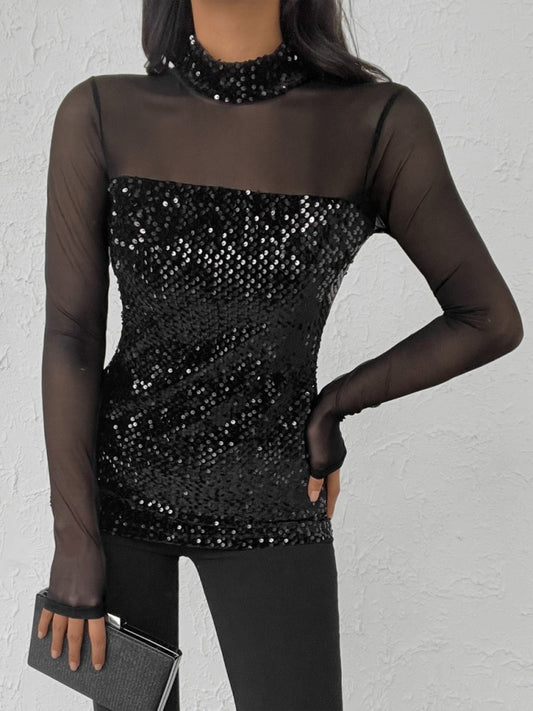Kadın Siyah Uzun Kollu Kolları Ve Dekolte Tül Ve Payet Detay Balıkçı Yaka Bluz