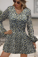 Kadın Uzun Kollu V Yaka çiçek Desenli Helen Kumaş Elbise