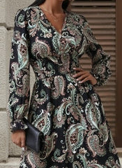 Kadın Uzun Kollu Kruvaze Yaka Beli Lastikli Uzun Desenli Maxi Elbise