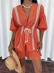 KETEN BEL BÜZGÜLÜ BLUZ-PANTOLON TAKIM - Orange