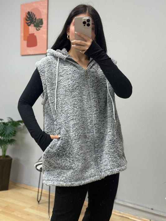 Kadın Kapüşon Ve Fermuar Detay Welsoft Kolsuz Yelek