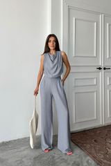 DEGAJE YAKA KOLSUZ BLUZ - PANTOLON TAKIM - Gri