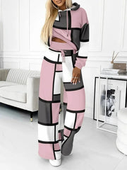 Kadın Uzun Kollu Kapşonlu Bağcıklı Desenli Iki Iplik Bluz Ve Pantolon Ikili Takım